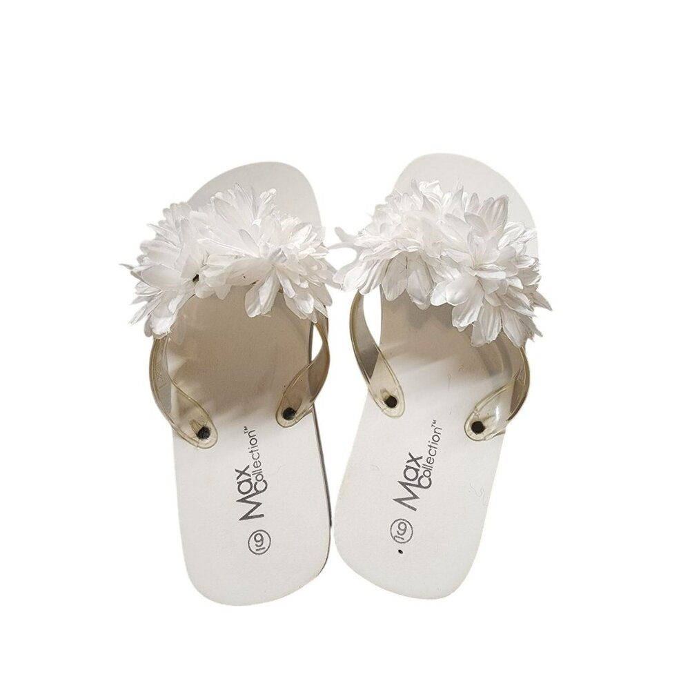 Max Collection Womens White Floral Flip-Flops With Clear Straps Size 9